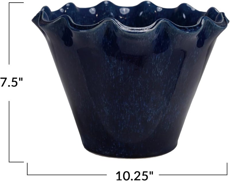 Creative Co-op Large Stoneware Planter with Ruffled Edge and Drainage Hole with Reactive Glaze, Blue - Image 2